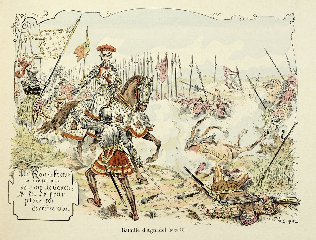 Illustration tirée du livre "Histoire du chevalier Bayard" de Théodore Cahu, illustrée par Paul De Sémant (1855-1915) : La bataille d