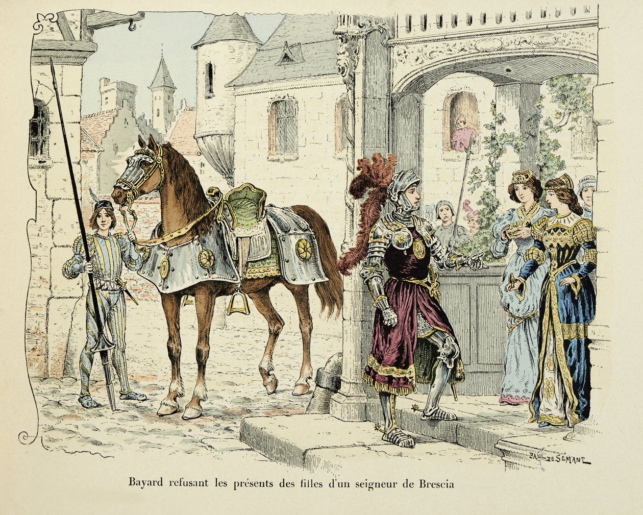 Illustration tirée du livre "Histoire du chevalier Bayard" de Théodore Cahu, illustrée par Paul De Sémant (1855-1915) : Bayard refusant les présents des filles d