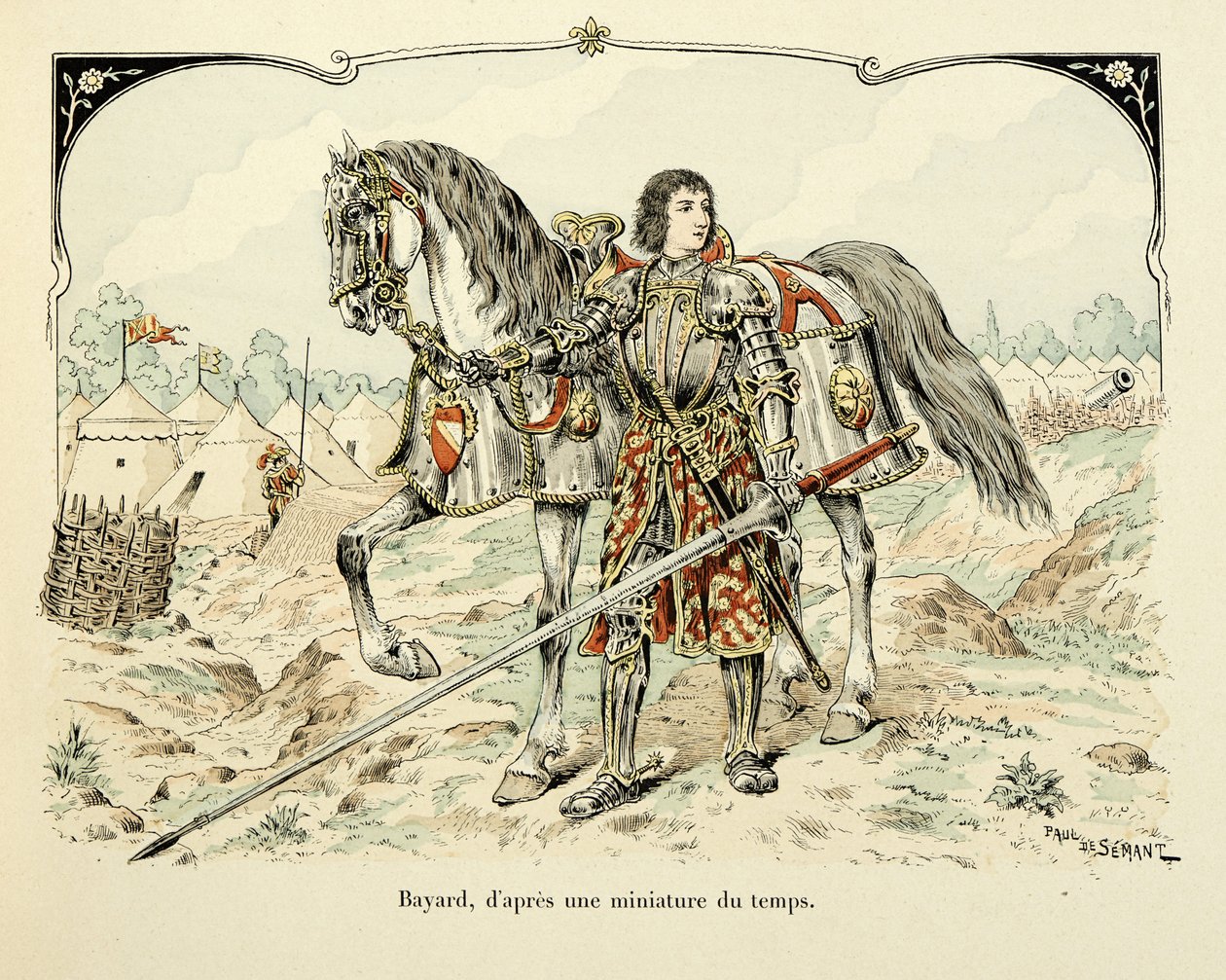 Illustration tirée du livre « Histoire du chevalier Bayard » de Théodore Cahu, illustrée par Paul De Semant (1855-1915) : Portrait de Bayard d
