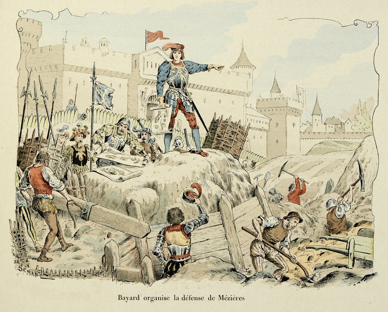 Illustration tirée du livre "Histoire du chevalier Bayard" de Théodore Cahu, illustrée par Paul De Sémant (1855-1915) : Bayard organise la défense de Mézières 1521 - Paul de Semant