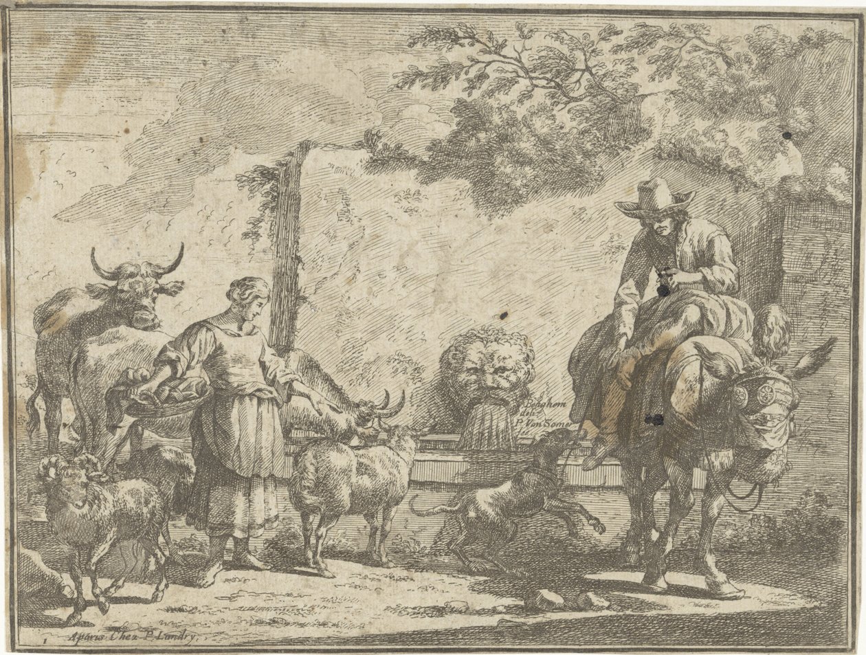 Femme et homme sur un âne près d