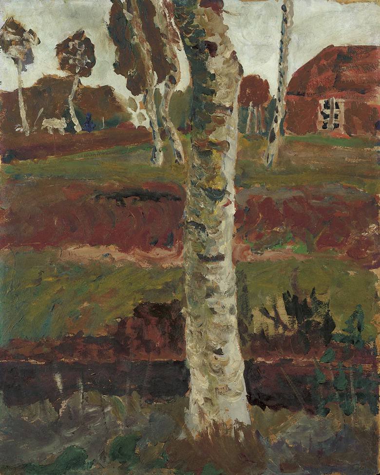 Tronc de bouleau au bord du marais devant un paysage avec une maison - Paula Modersohn-Becker