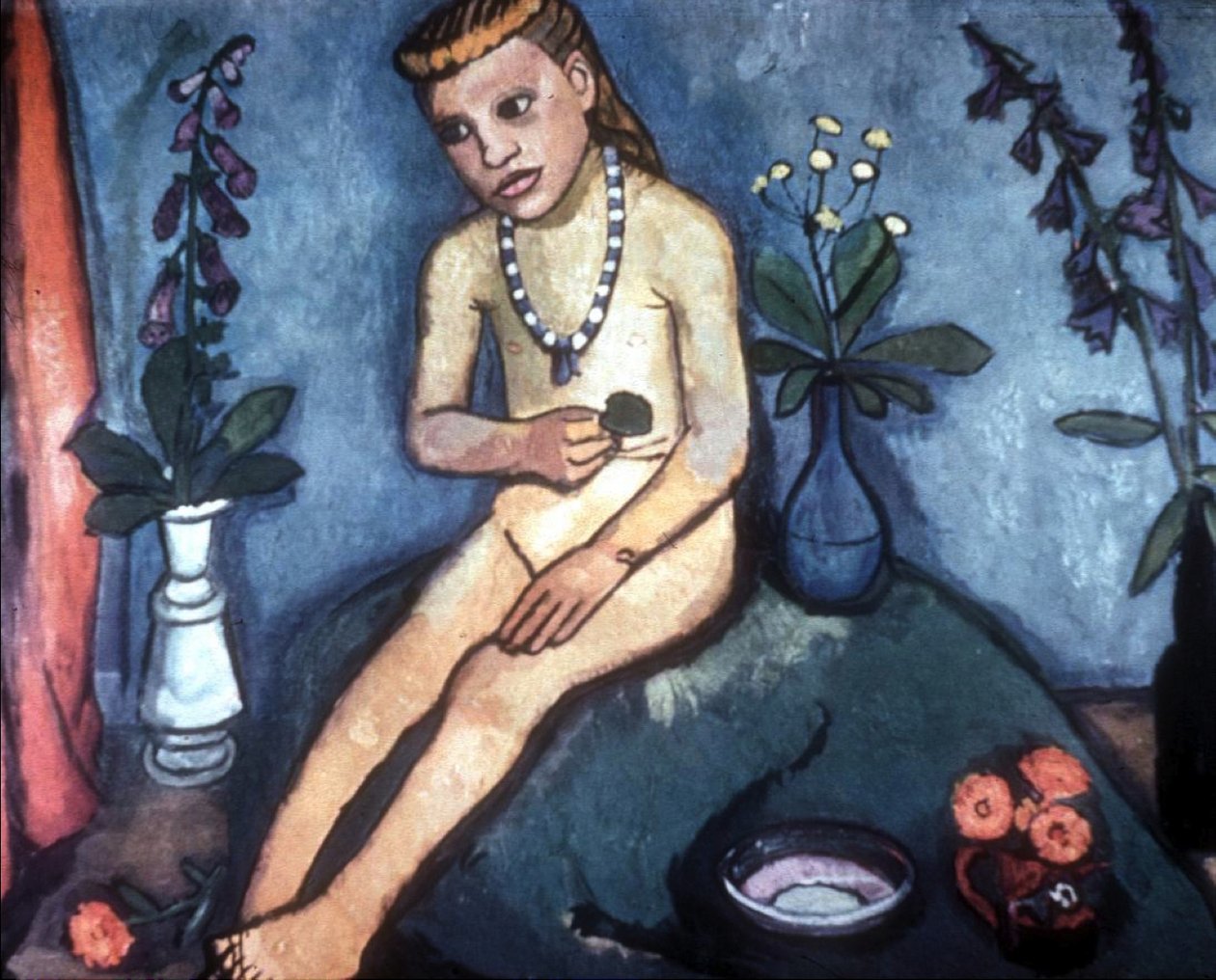 Nu féminin assis avec vases de fleurs - Paula Modersohn-Becker
