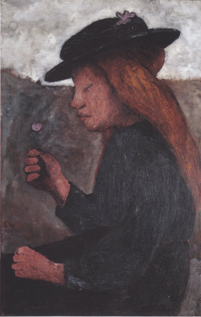 Fille assise avec chapeau noir et fleur dans la main droite - Paula Modersohn Becker