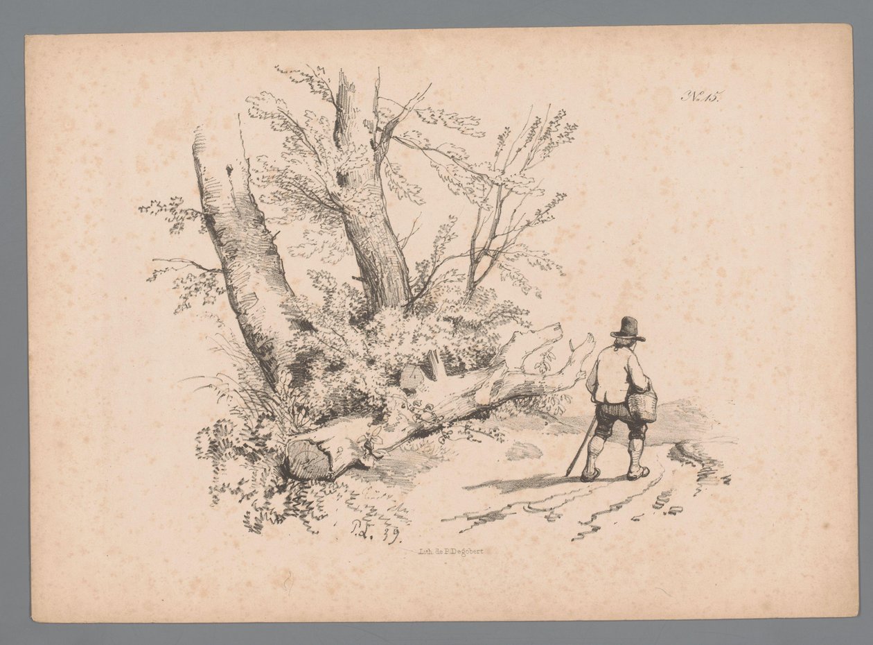 Paysage avec des arbres et un homme avec un bâton de marche et un panier - Paulus Lauters