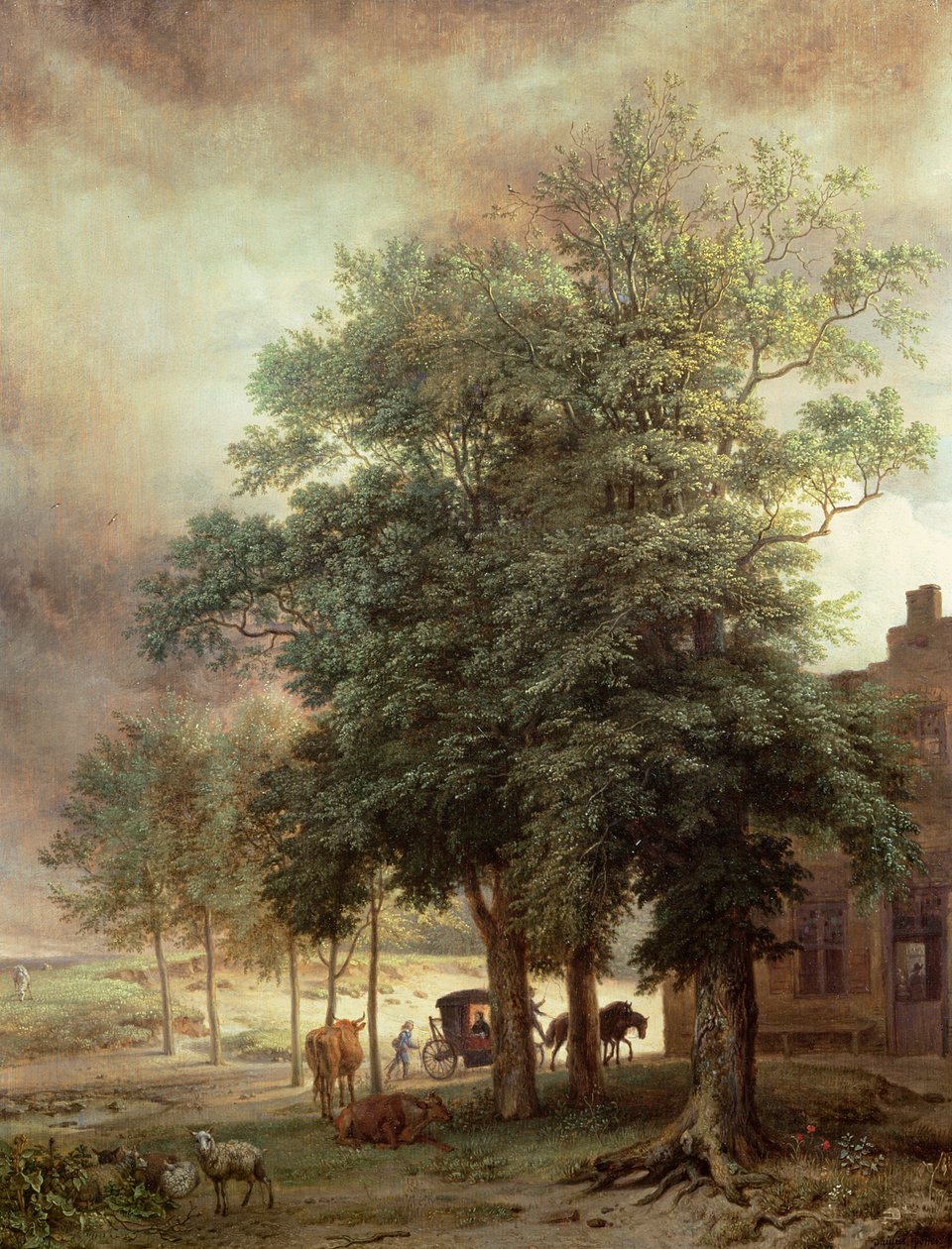 Paysage avec carrosse ou maison au-delà des arbres - Paulus Potter