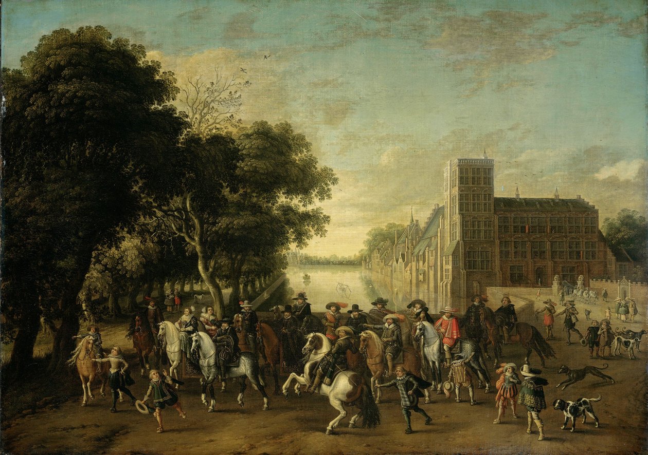 Prince Maurits, accompagné du prince Frederik Hendrik, de Frederick V of Bohemia et de son épouse Elizabeth Stuart, et d
