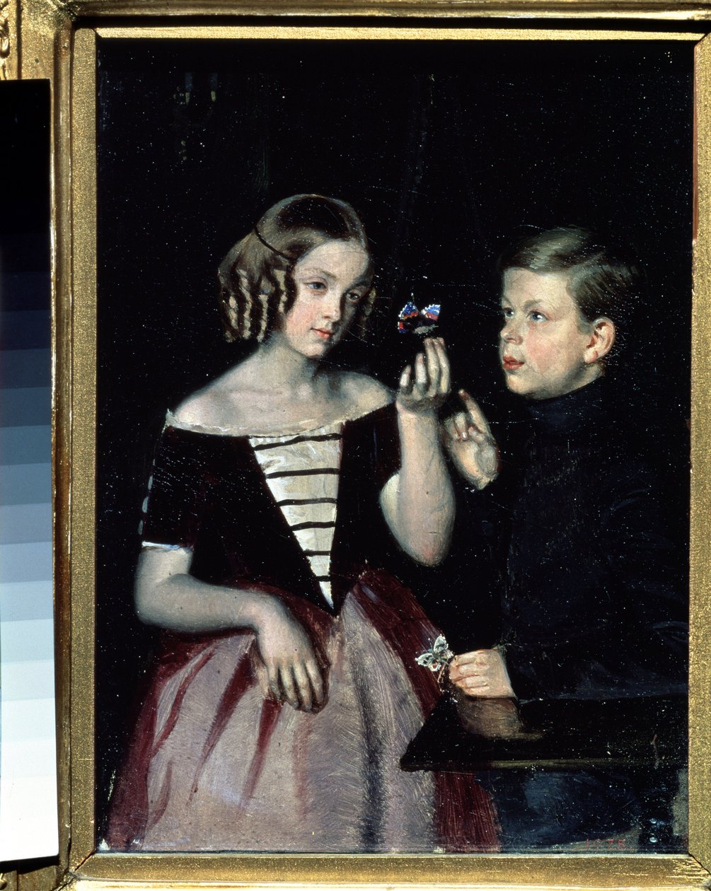 Portrait des deux enfants Gerbin contemplant un papillon - Pavel Andreevich Fedotov
