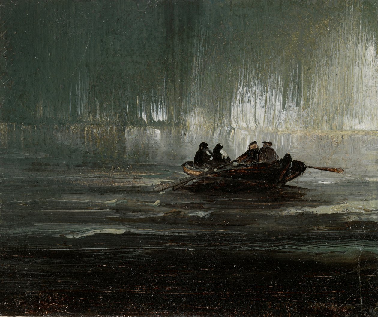 Aurore boréale sur quatre hommes dans un bateau à rames - Peder Balke