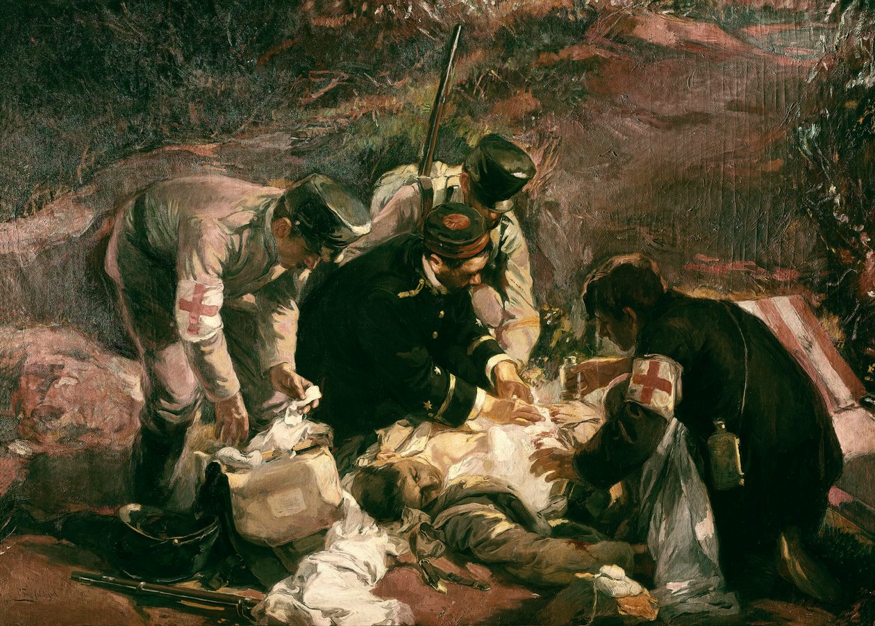 Don de sang. Des blessés de guerre sont secourus par des volontaires de la Croix-Rouge - Pedro Ferrer Calatayud