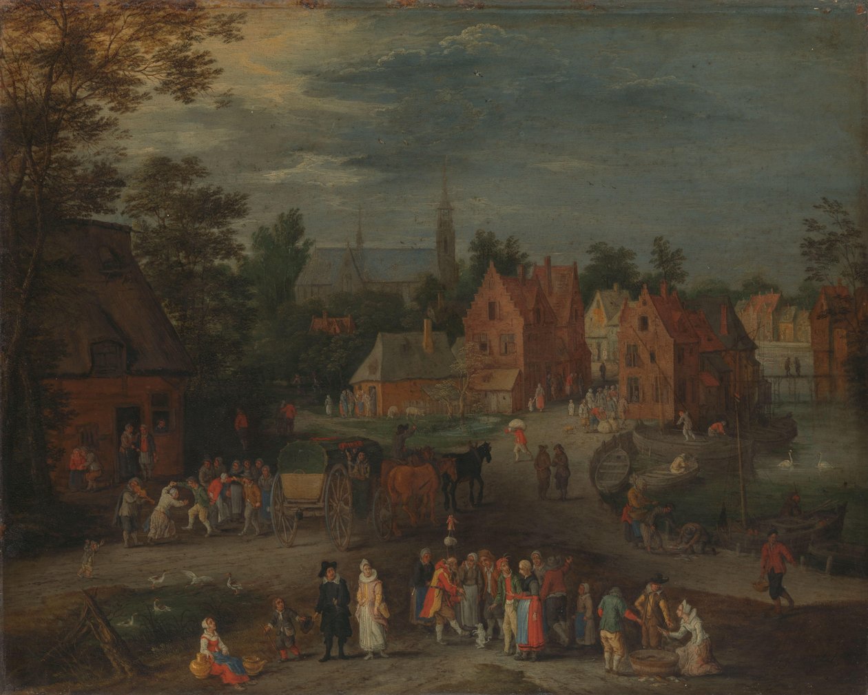 Village avec un marionnettiste divertissant une petite foule - Peeter Gijsels