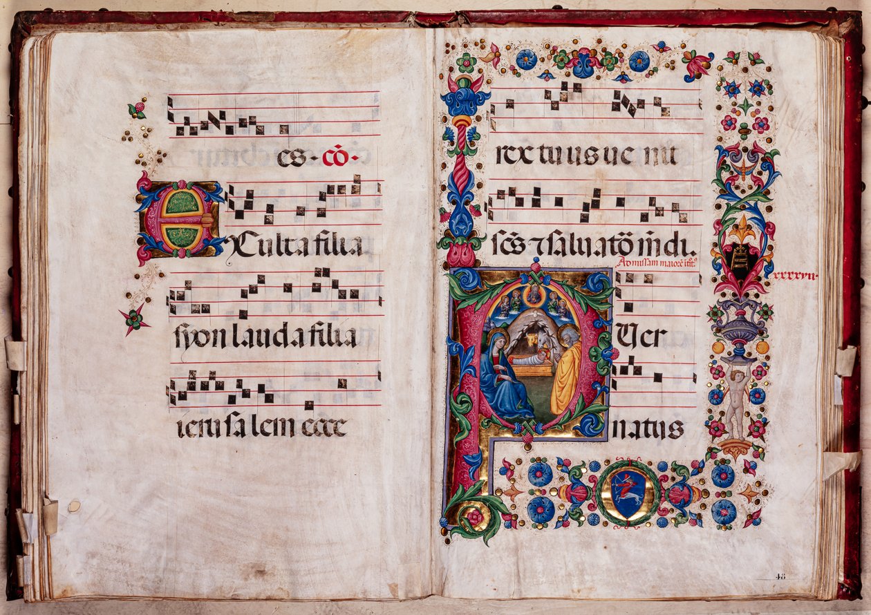 Bibliothèque Piccolomini : livre de chœur, cod. 102.8, ff. 47v-48r avec « Nativité » - Pellegrino di Mariano