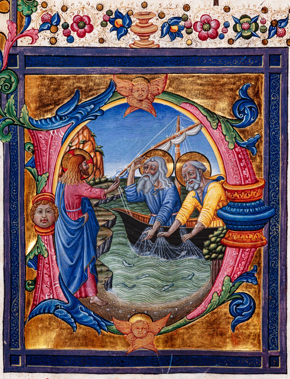Bibliothèque Piccolomini : livre de chœur, cod. 11.M, ff. 4r avec « Appel de Saint Pierre et Saint André » (détail) - Pellegrino di Mariano