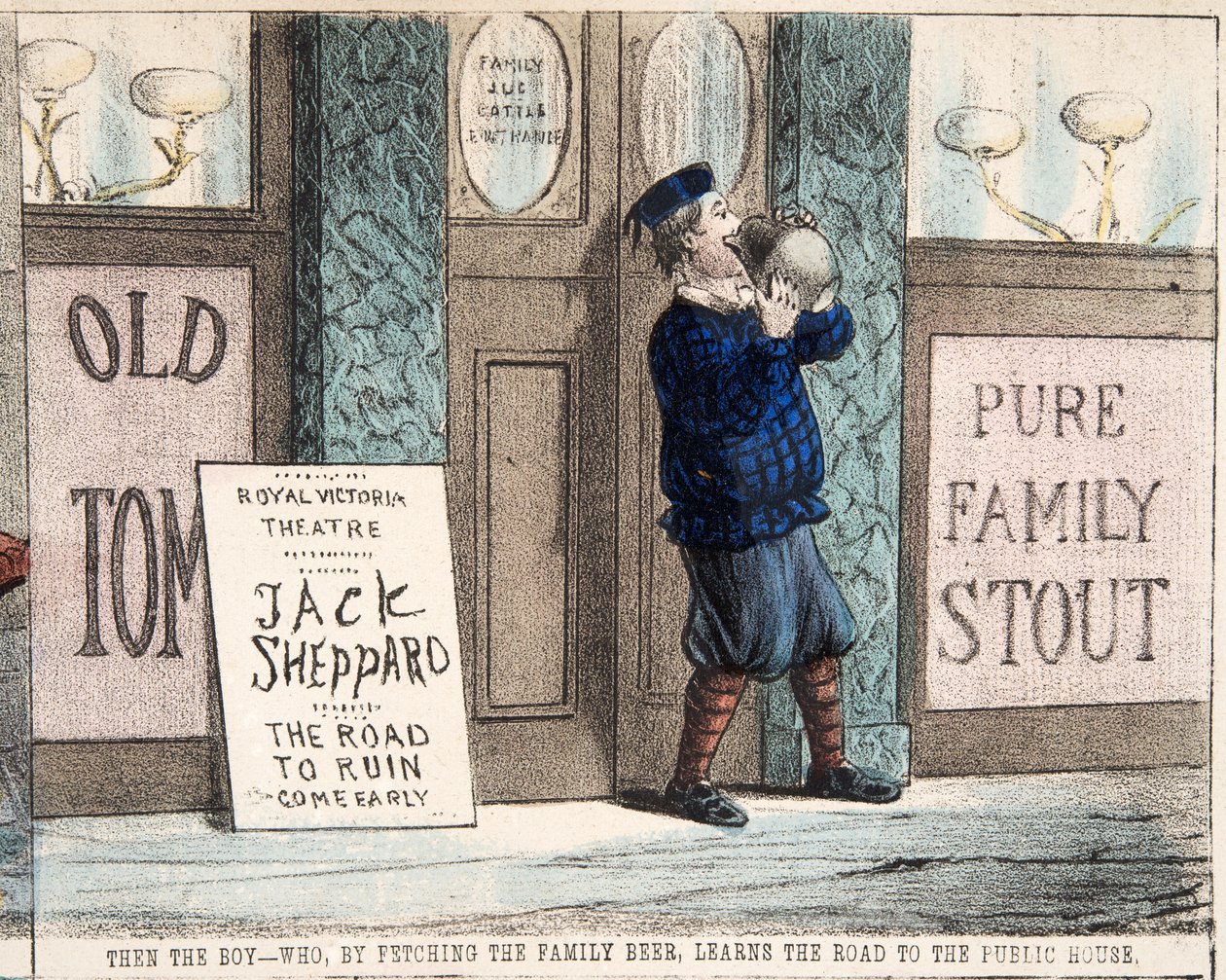 Le garçon - qui, en allant chercher la bière de la famille, apprend le chemin de la maison publique, pub. vers 1872 - Percy Cruikshank
