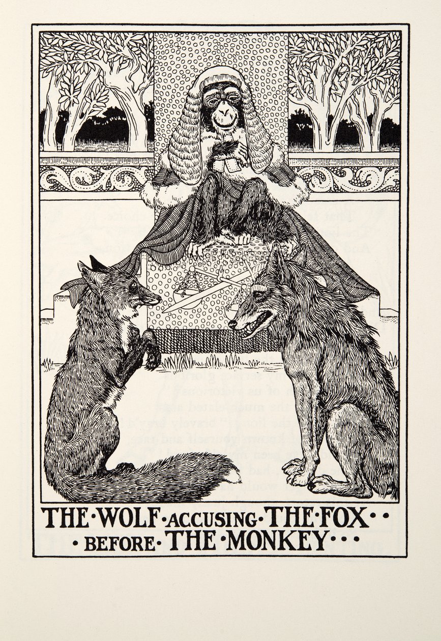 Le Loup accusant le Renard devant le Singe, des Fables de Fontaine, pub. 1905 - Percy J. Billingshurst
