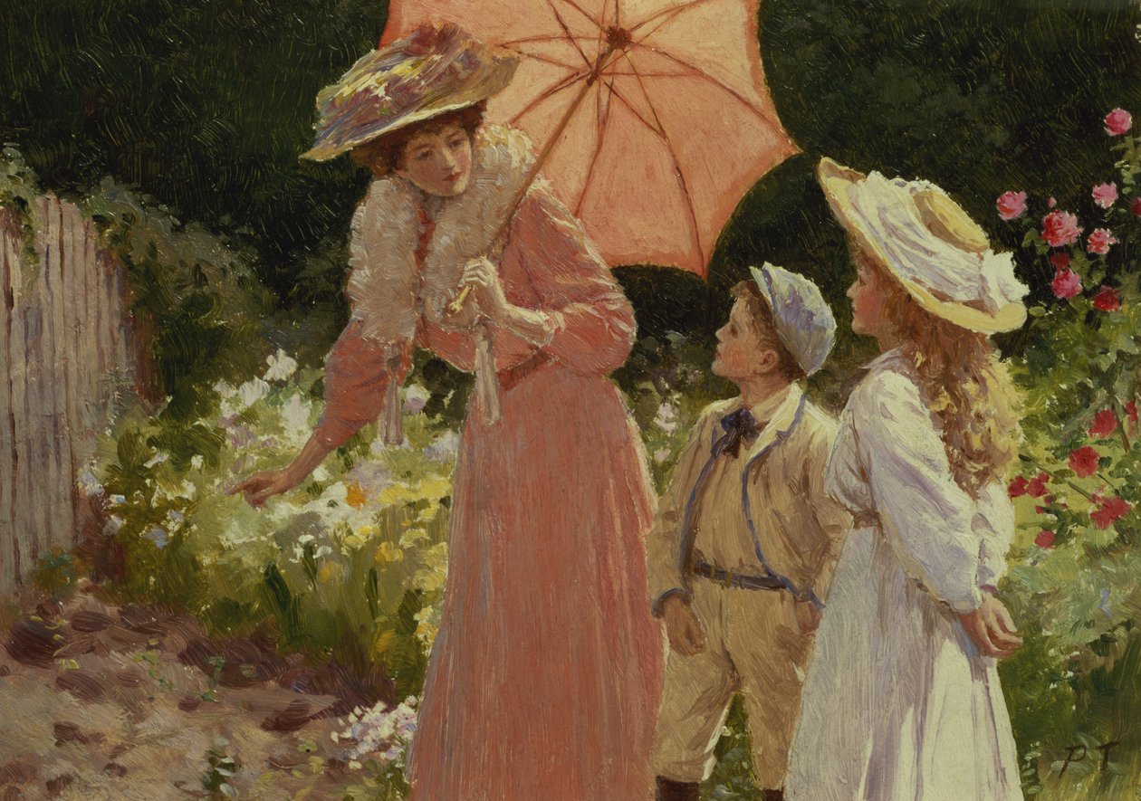 Une dame avec une ombrelle montrant comment faire un tonneau de fraises - Percy Tarrant