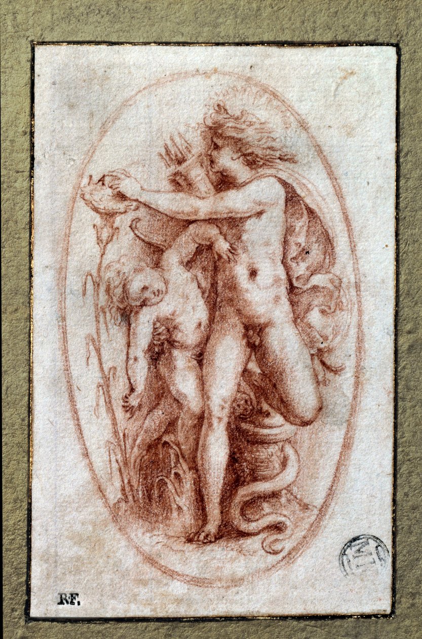 Apollon et Hyacinthe. Dessin à la sanguine par Pietro Buonaccorsi (1500-1546/47) également connu sous le nom de Pierino del Vaga - Perino del Vaga
