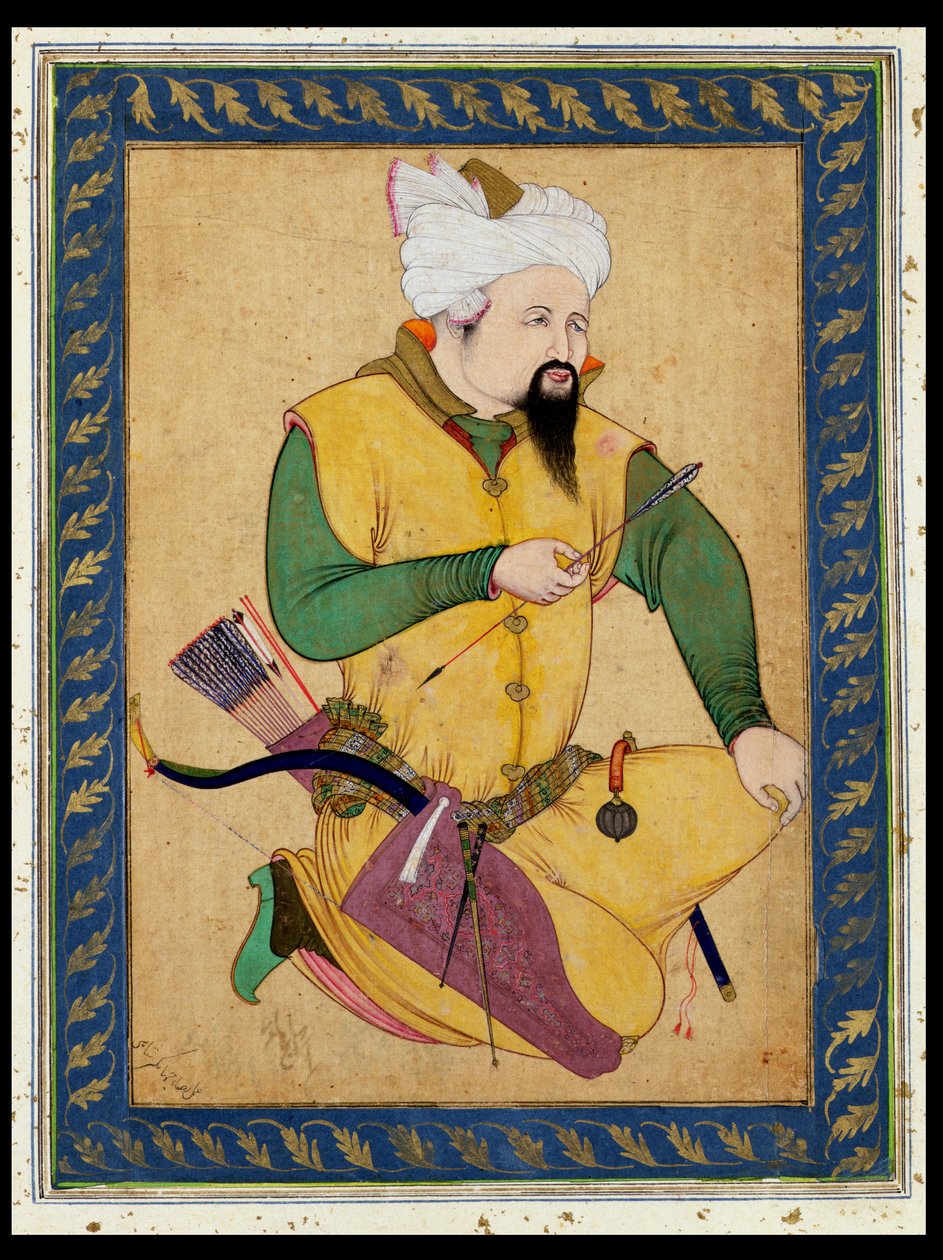 Un chef turcoman ou mongol tenant une flèche, du Grand Album Clive, 1591-92 (peinture sur coton) - Persian School