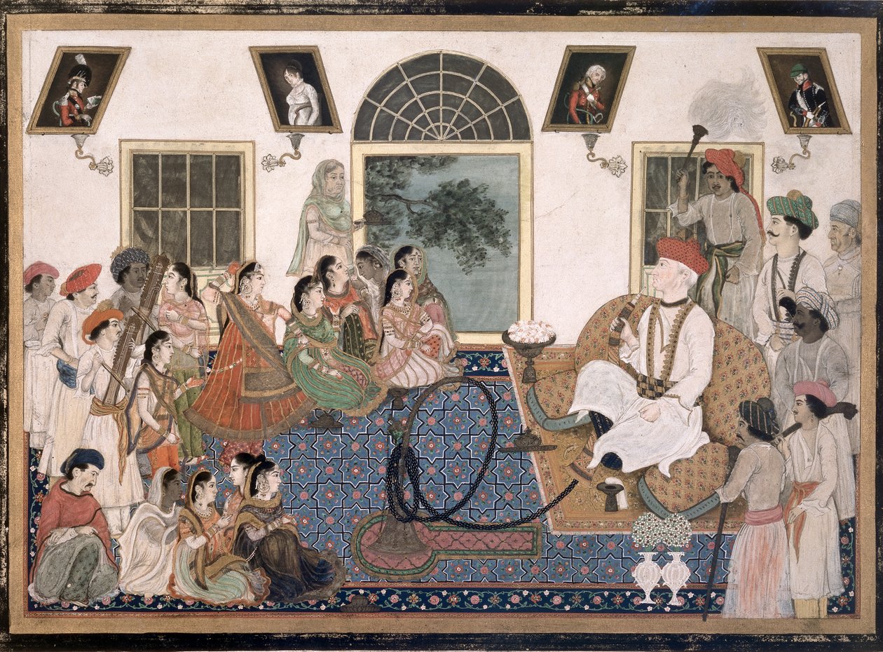 Un Européen, probablement Sir David Ochterlony, en tenue indienne, fumant un hookah et regardant une nautch chez lui à Delhi, c.1820 - Persian School