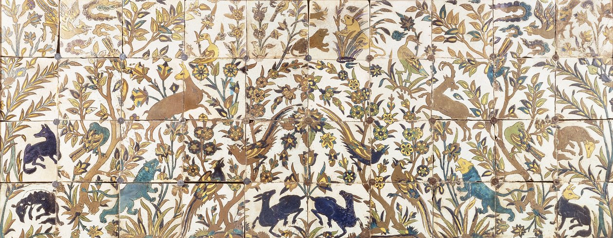 Panneau de carreaux curda seca, comprenant quatre rangées de dix carreaux, peint avec de la végétation habitée par des oiseaux, des cerfs et des lions, 17ème siècle - Persian School