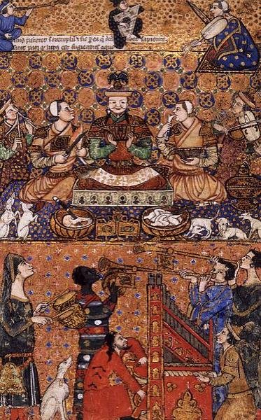 Dirigeant sur son trône avec des assistants et des musiciens, écrit à Gênes, fin du 14ème siècle - Persian School