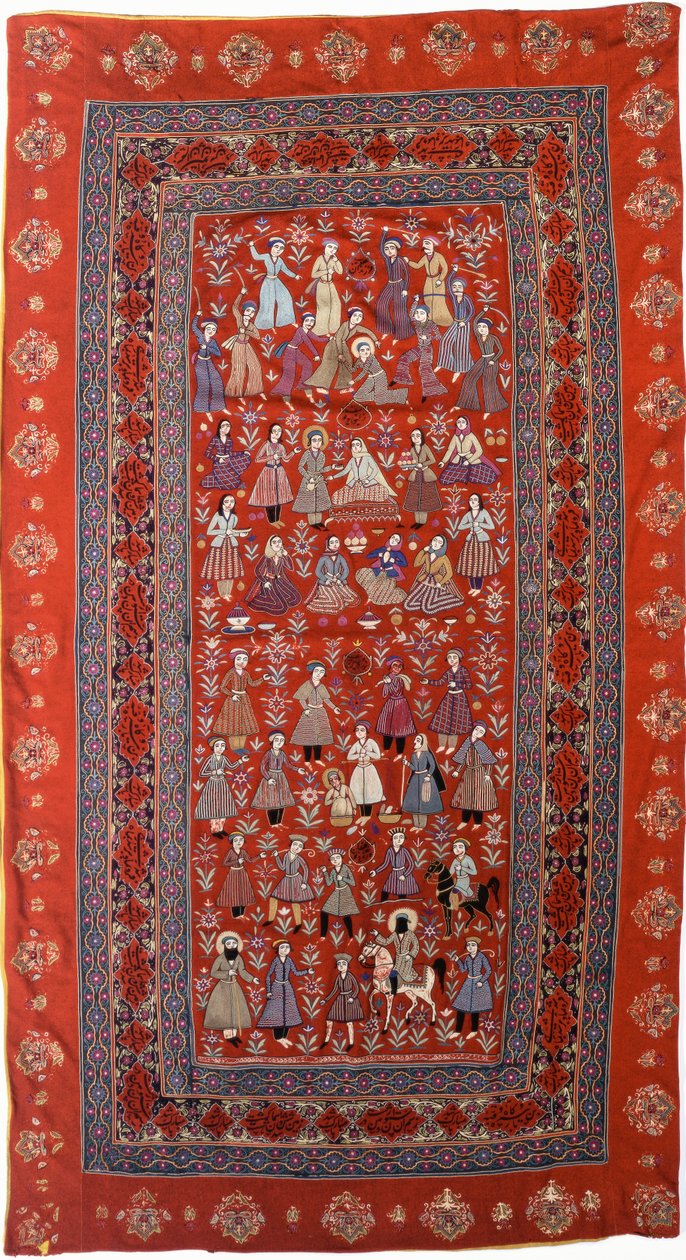 Une tenture brodée en drap de laine rouge avec des rangées de figures représentant la vie de Joseph - Persian School