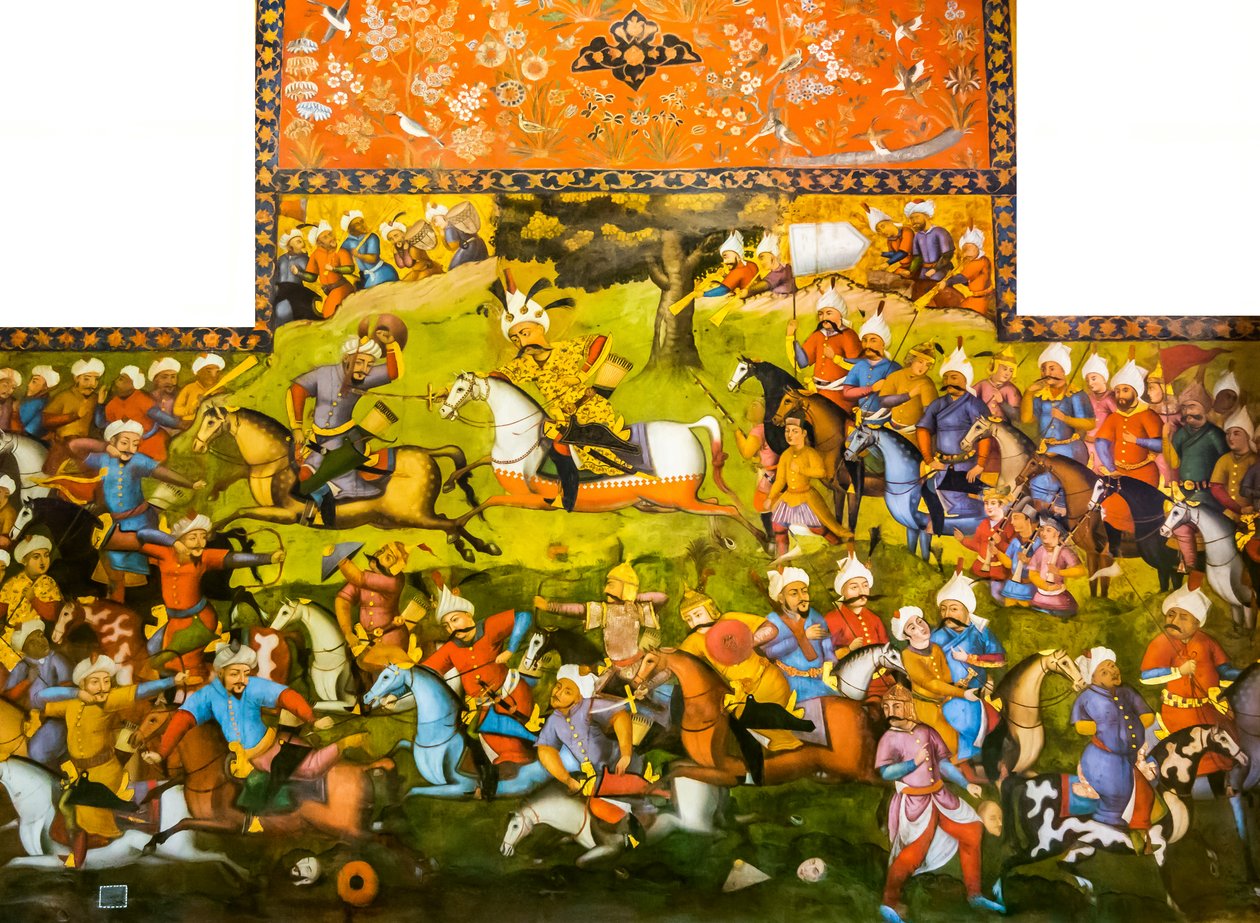 Bataille de Taher-Abad ou Bataille de Merv avec victoire de Shah Ismail I sur Muhammad Shaybani Khan, Salle de Réception, Chehel Sotun, 1647 - Persian School
