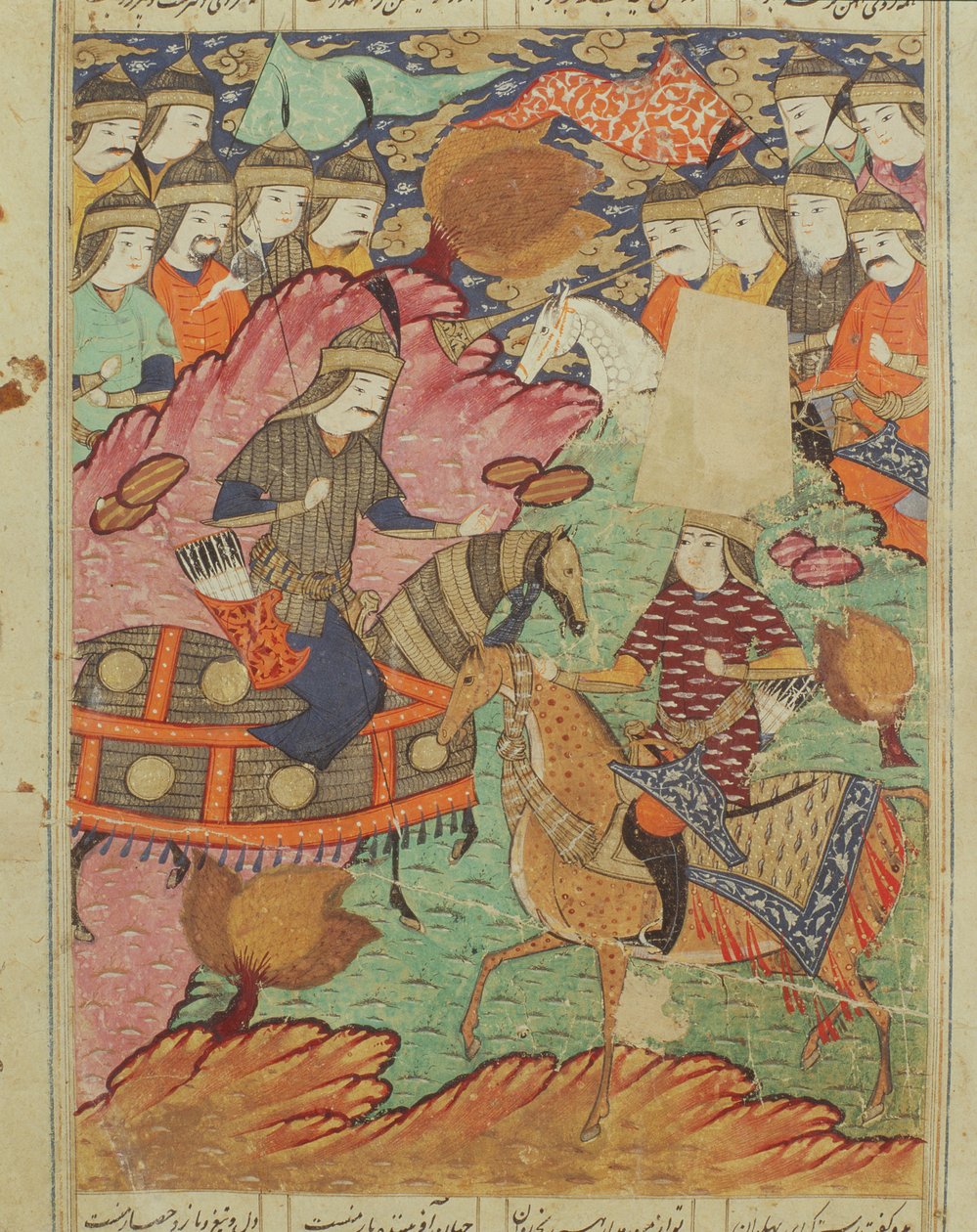 Duel à cheval entre Rostam et Afrasiab, illustration du Shahnama (Livre des Rois) par Abul-Qasim Manur Firdawsi (c.934-c.1020) 1619 - Persian School
