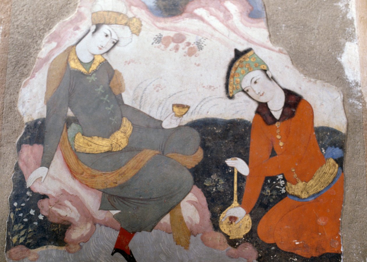 Figures féminines avec verre et bouteille - Persian School