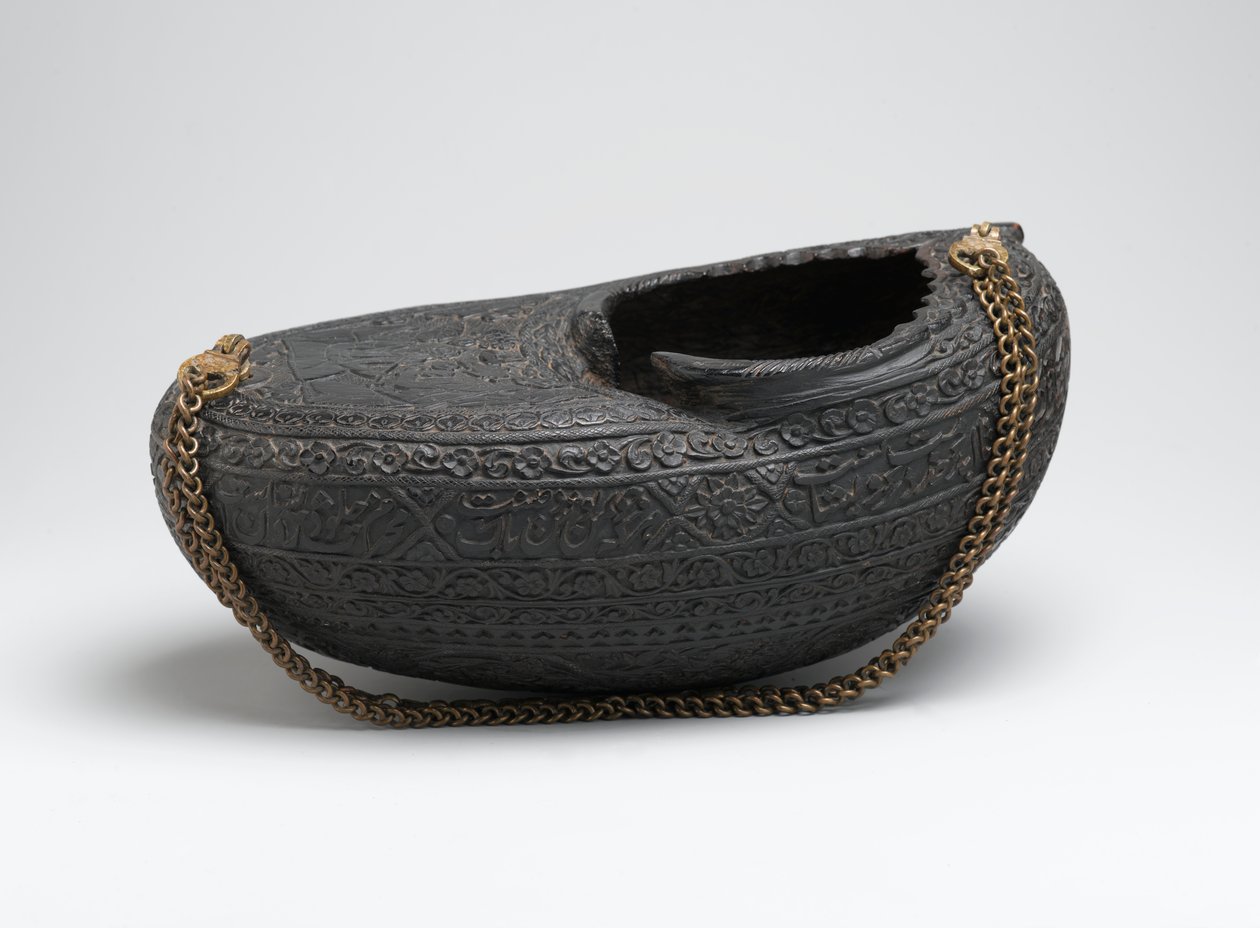 Kashkul, ou bol de mendiant, avec portrait de derviches et un fauconnier monté, Iran, 1880 - Persian School