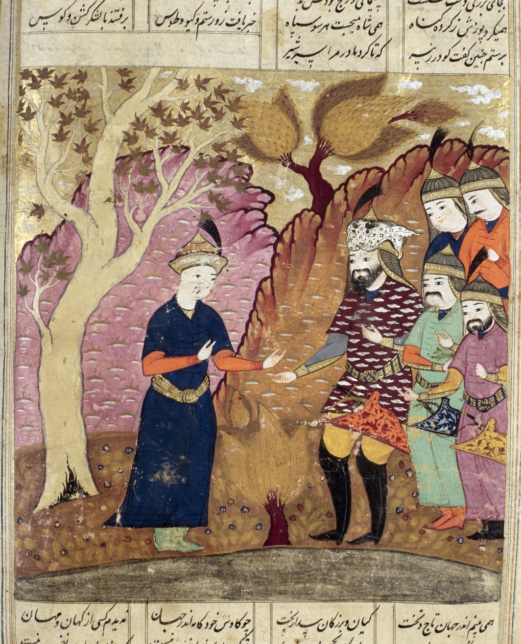 Chevaliers trouvant le Kawus tombé, illustration du Shahnama (Livre des Rois) par Abul-Qasim Manur Firdawsi (c.934-c.1020) 1619 - Persian School