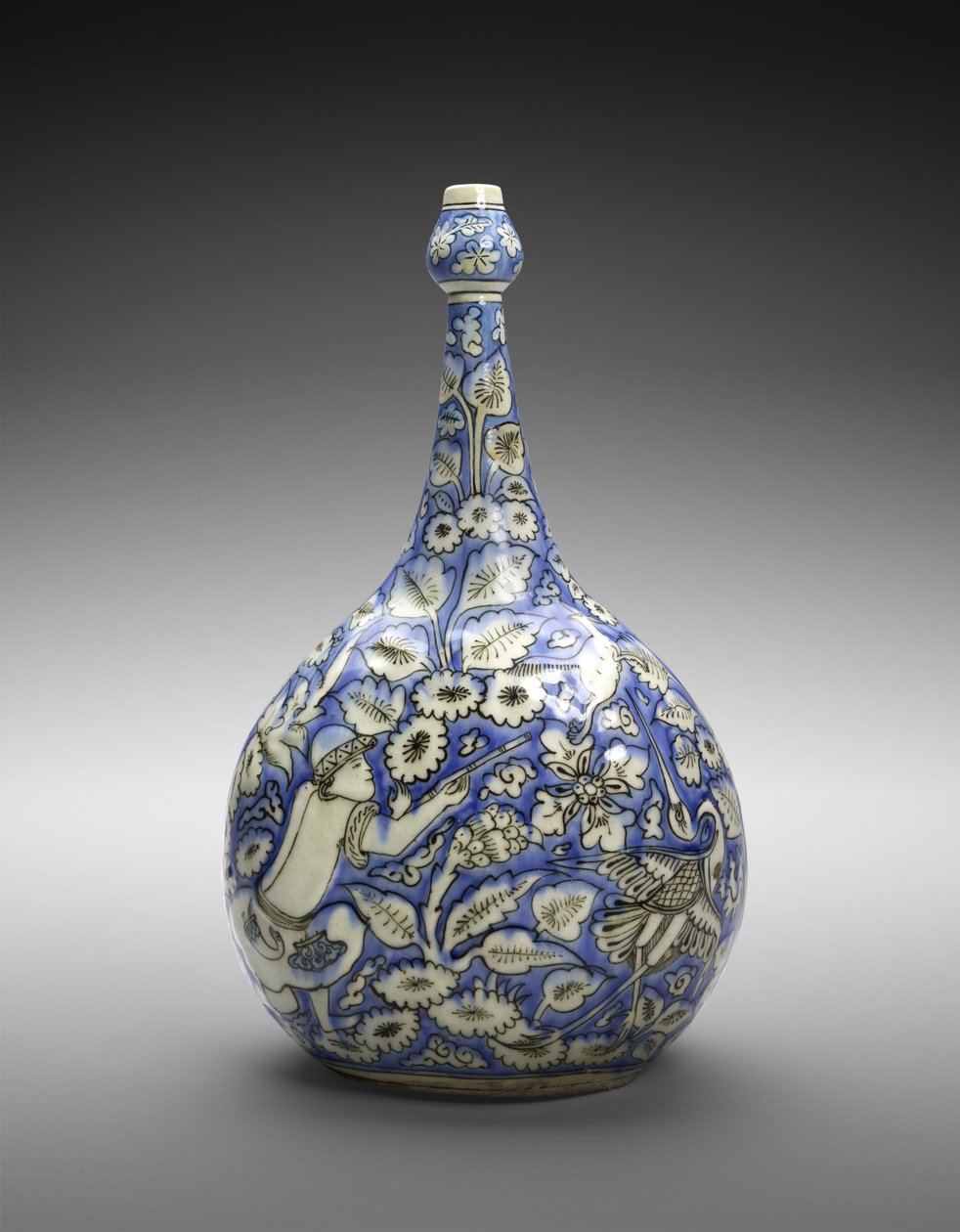 Bouteille lobée avec figure et fleurs, milieu du XVIIe siècle - Persian School