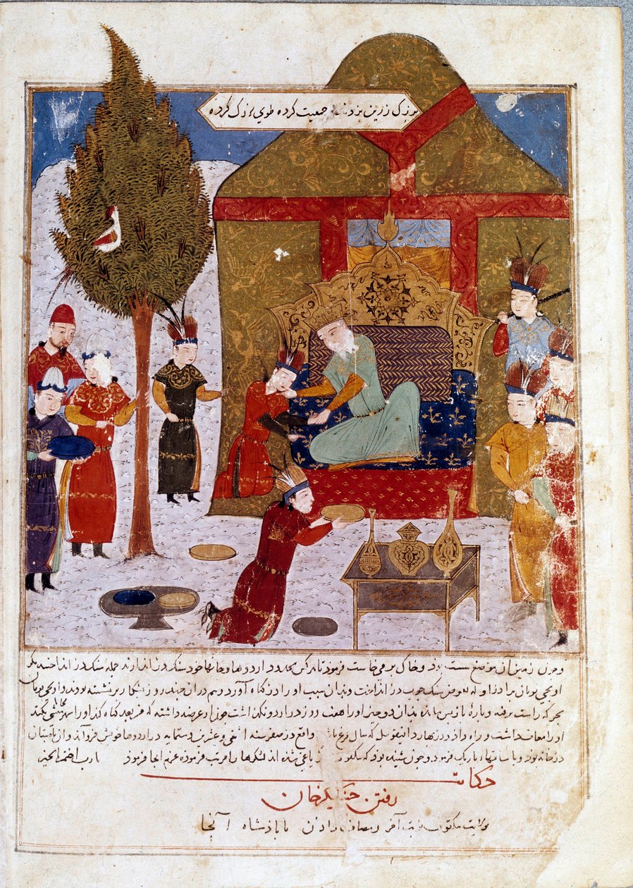 Empereur mongol Gengis Khan sur son trône dans un camp près d