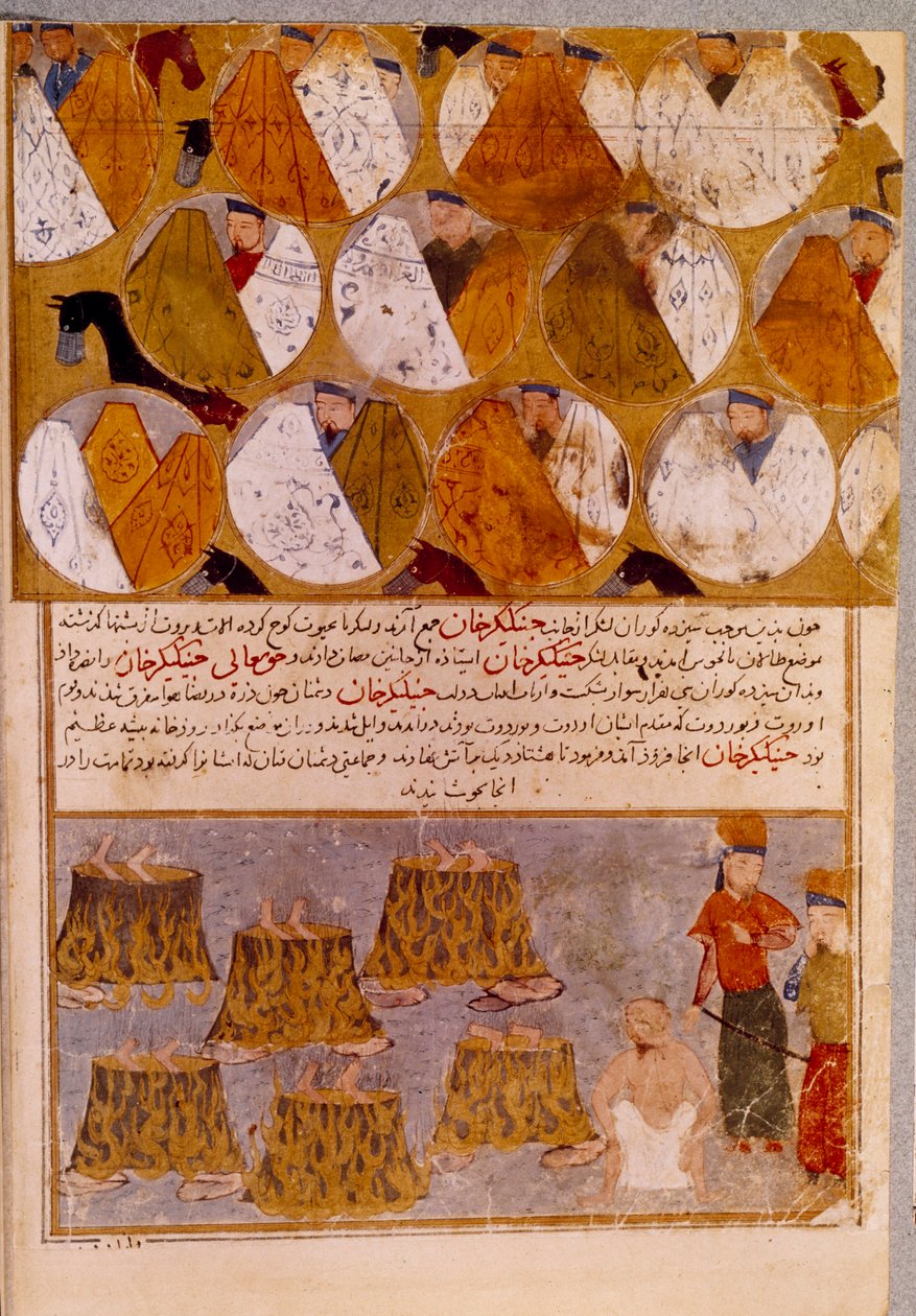 Tentes mongoles et prisonniers de Gengis Khan : Gengis Khan fait jeter les partisans de Djamuqua, un Mongol de la tribu des Jadjirat, dans les chaudrons. Miniature persane tirée de « Jami al-tawarikh » (Histoire universelle) - Persian School
