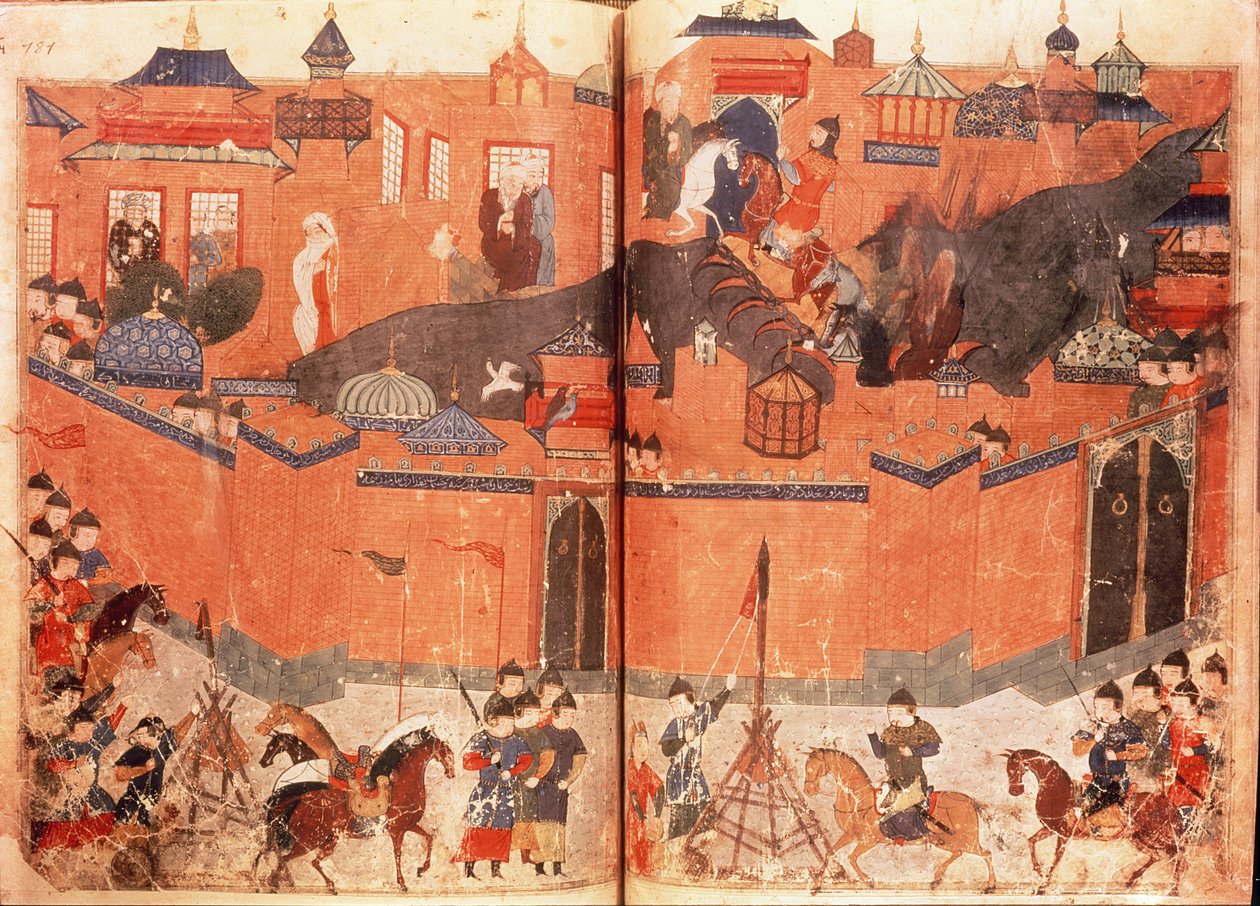 Ms.Sup.Pers.1113.f.180v-181 Mongols sous la direction de Hulagu Khan prenant et capturant Bagdad en 1258, d