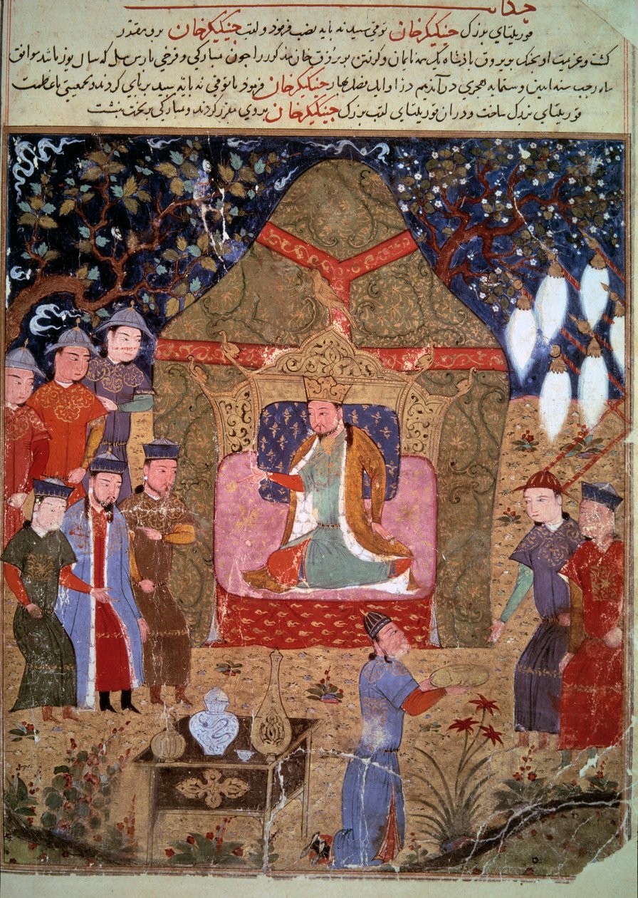 La cour de l'empereur mongol Gengis Khan (1162-1227), représentant le ...