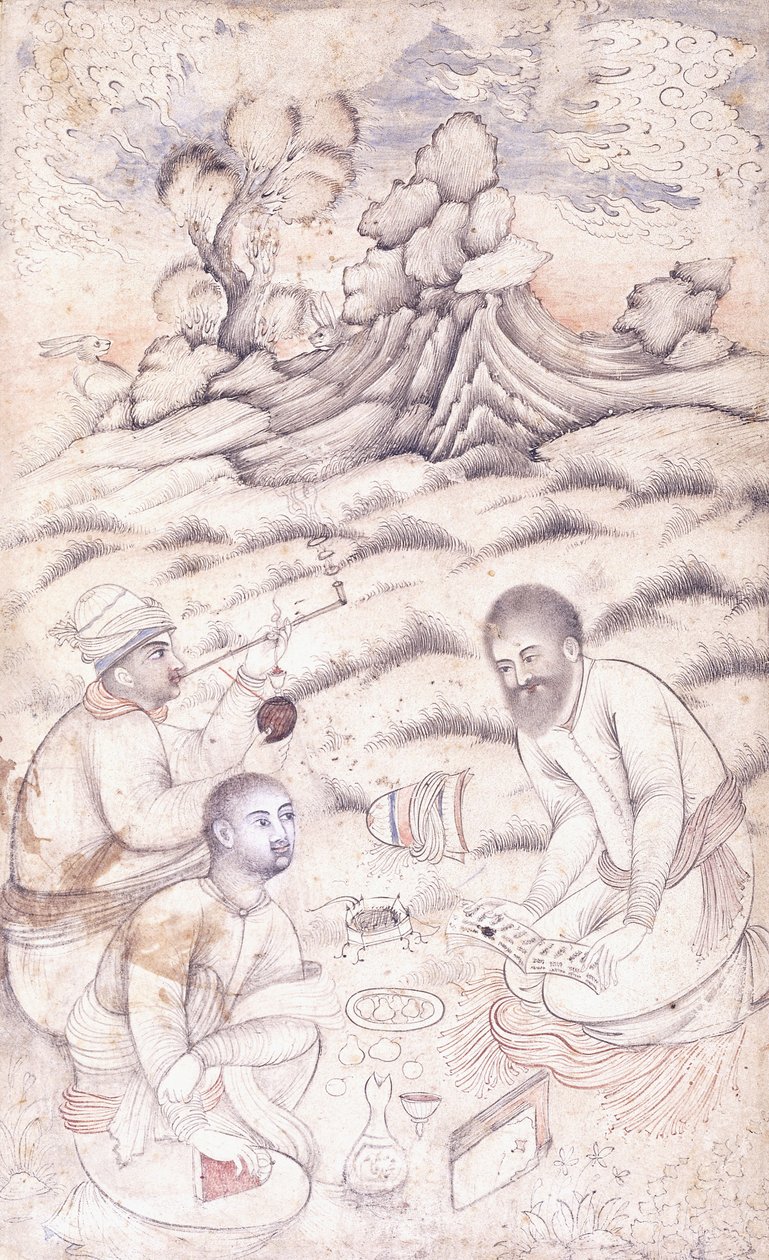 Trois jeunes hommes dans un paysage, vers le milieu du 17ème siècle - Persian School