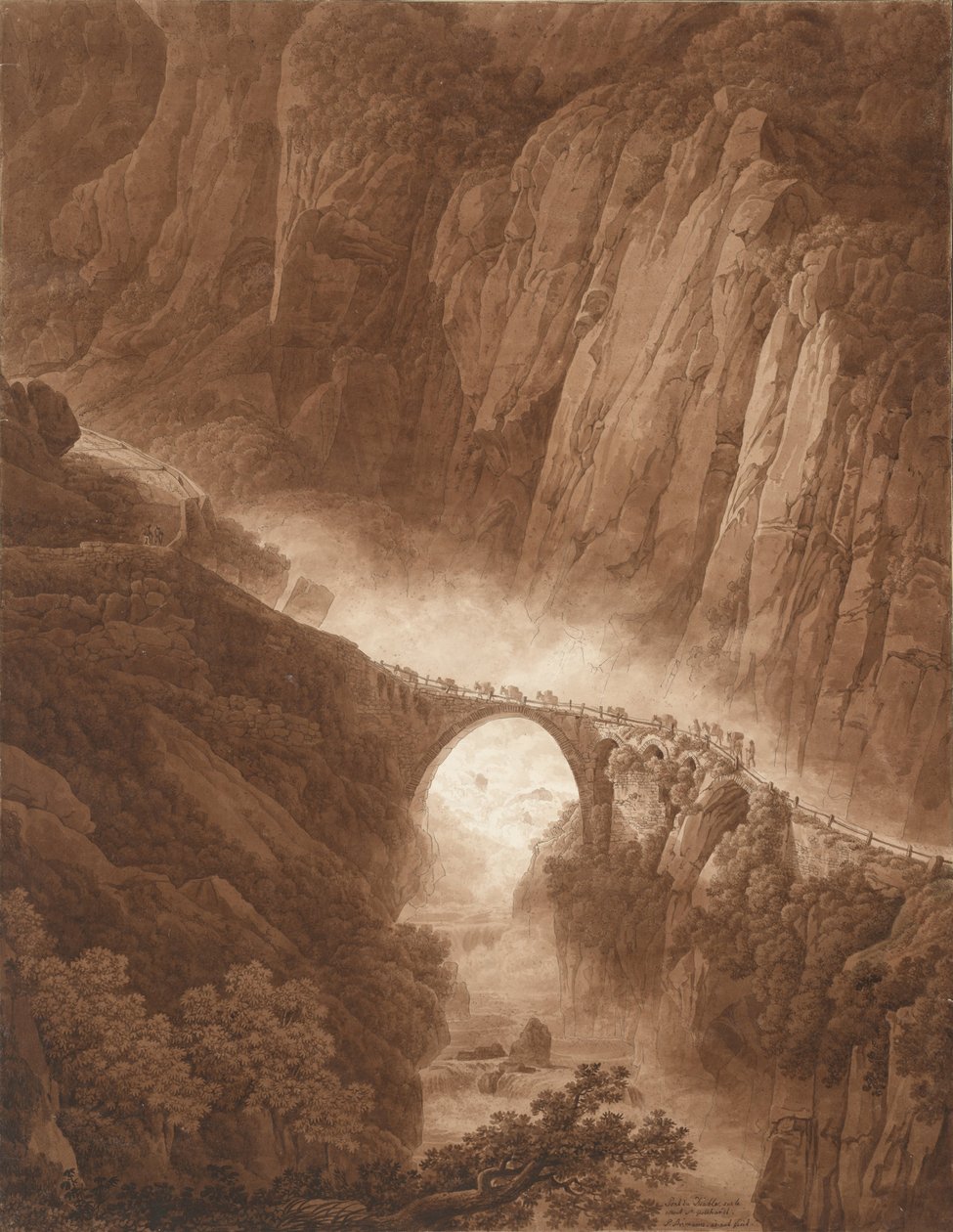 Le pont du Diable dans les gorges de Schöllenen sur le chemin du col du Saint-Gothard avec un convoi de mulets, avant 1805 - Peter Birmann