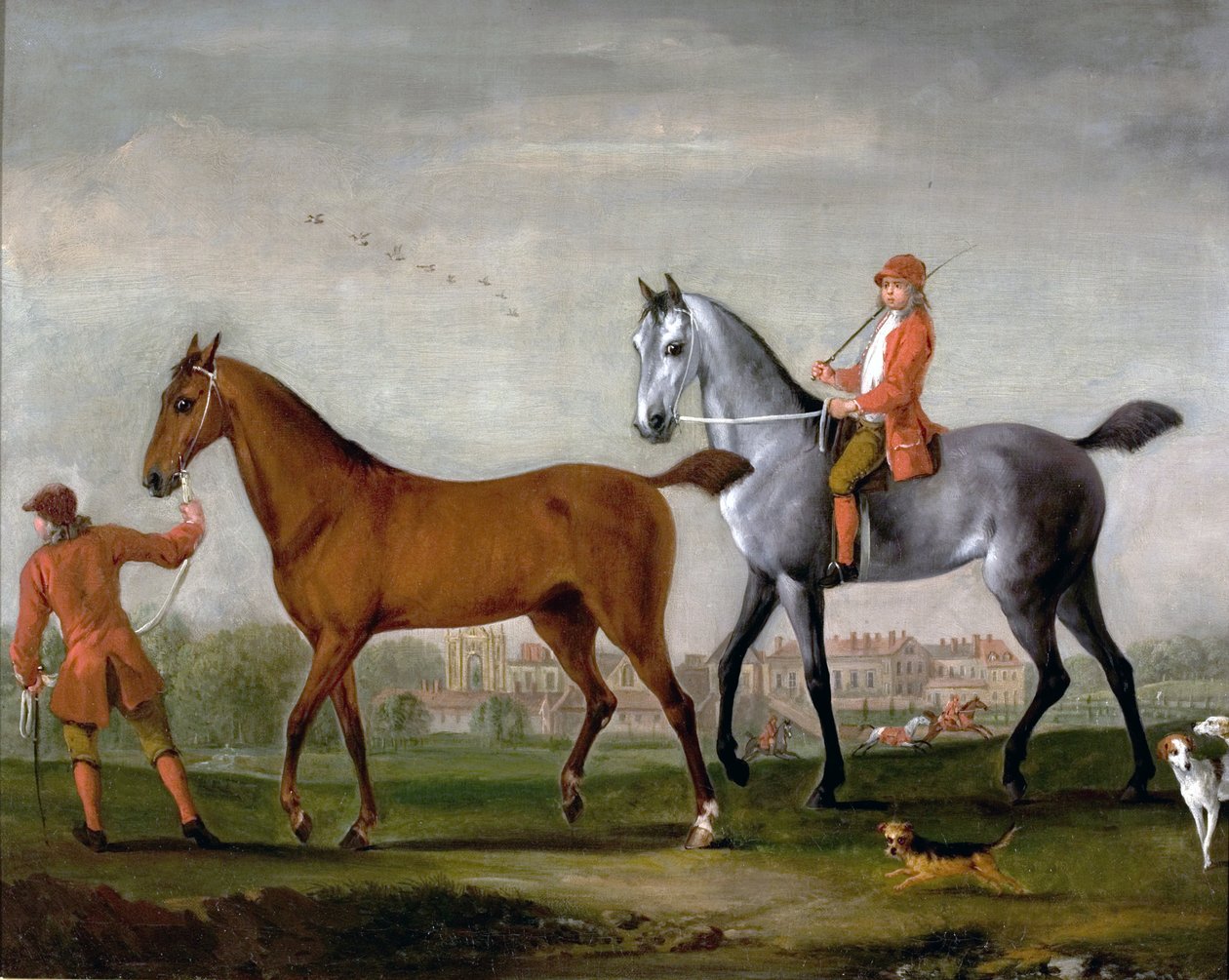Deux chevaux de course avec palefreniers et chiens dans le parc de Newstead Abbey, Nottinghamshire, 1724 - Peter Tillemans