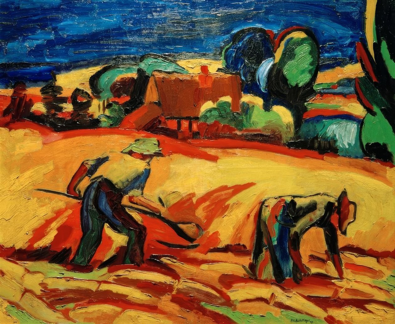 Mes parents récoltant le maïs devant la maison - Peter August Böckstiegel