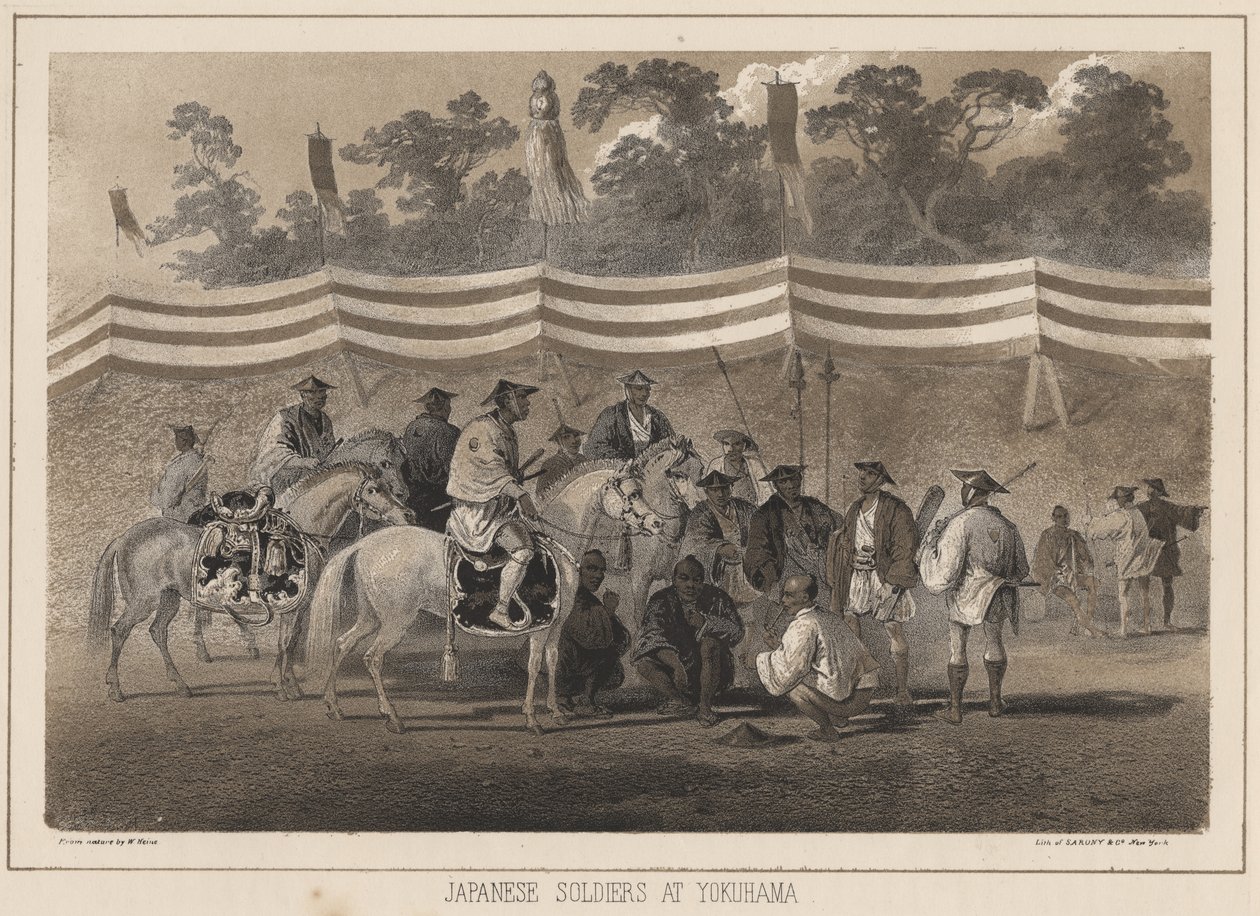 Soldats japonais à Yokohama, lithographie par Sarony et Co., 1855 - Peter Bernhard Wilhelm Heine