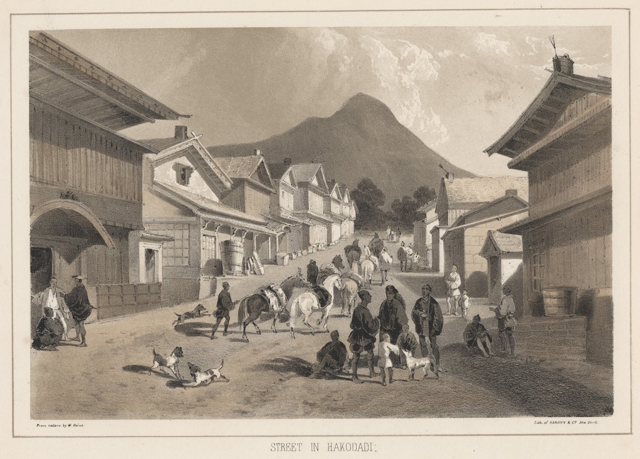 Rue à Hakodadi, lithographie par Sarony et Co., 1855 - Peter Bernhard Wilhelm Heine