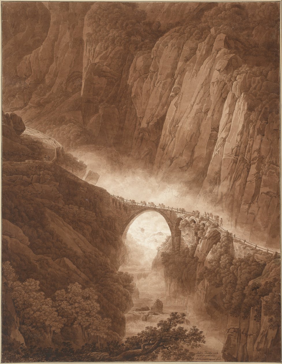 Le Pont du Diable dans les gorges de Schöllenen sur le chemin du col du Saint-Gothard avec un convoi de mulets - Peter Birmann