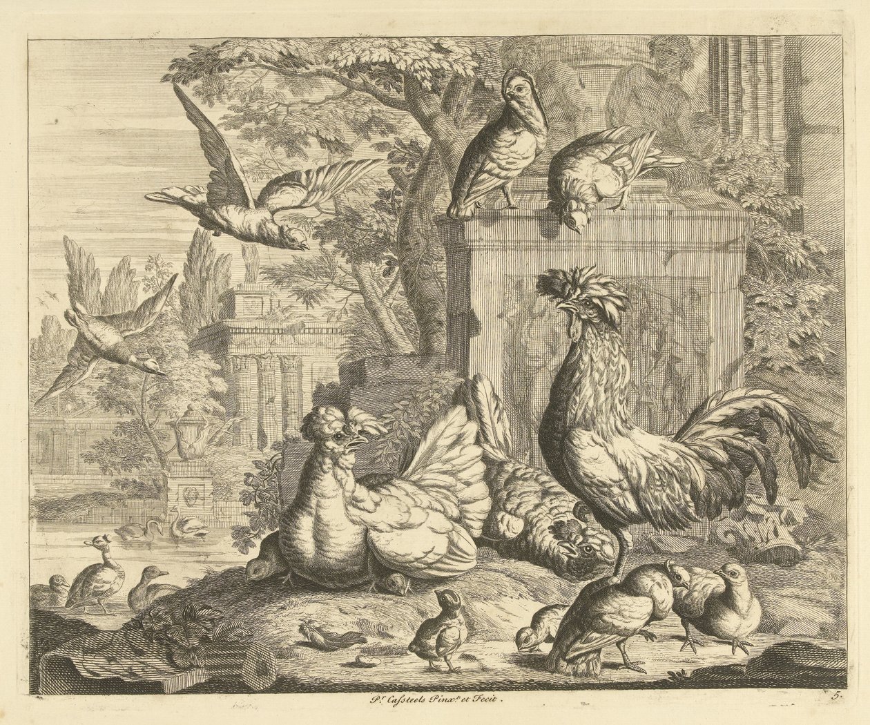 Coq, poule avec poussins et autres oiseaux dans un jardin avec des ruines antiques - Peter Casteels (III)