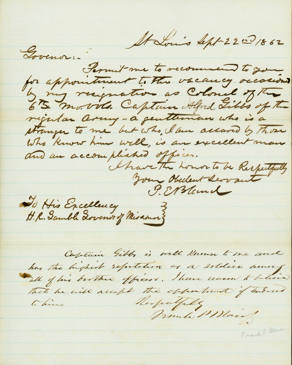 Lettre signée P.E. Bland, St. Louis, à H.R. Gamble, gouverneur du Missouri, 22 septembre 1862 - Peter E. Bland