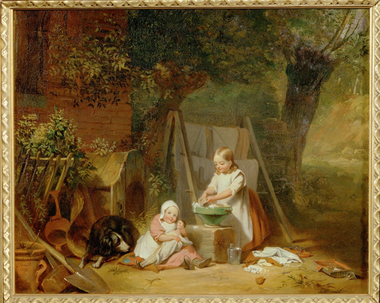 Die Puppenwaesche im Garten - La lessive de poupée dans le jardin ... (huile sur bois) - Peter Fendi