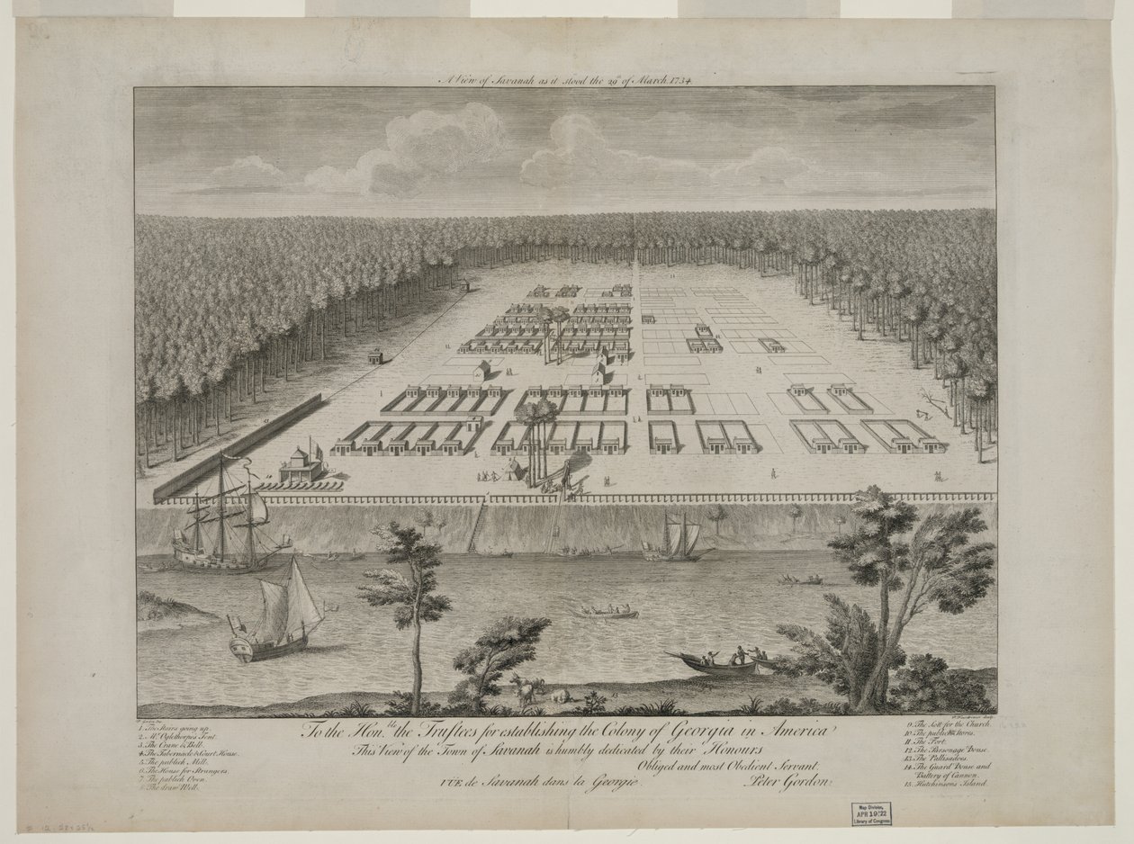 Vue de Savannah au 29 mars 1734, gravée par P. Fourdrinier, Londres, vers 1735 (gravure) - Peter Gordon