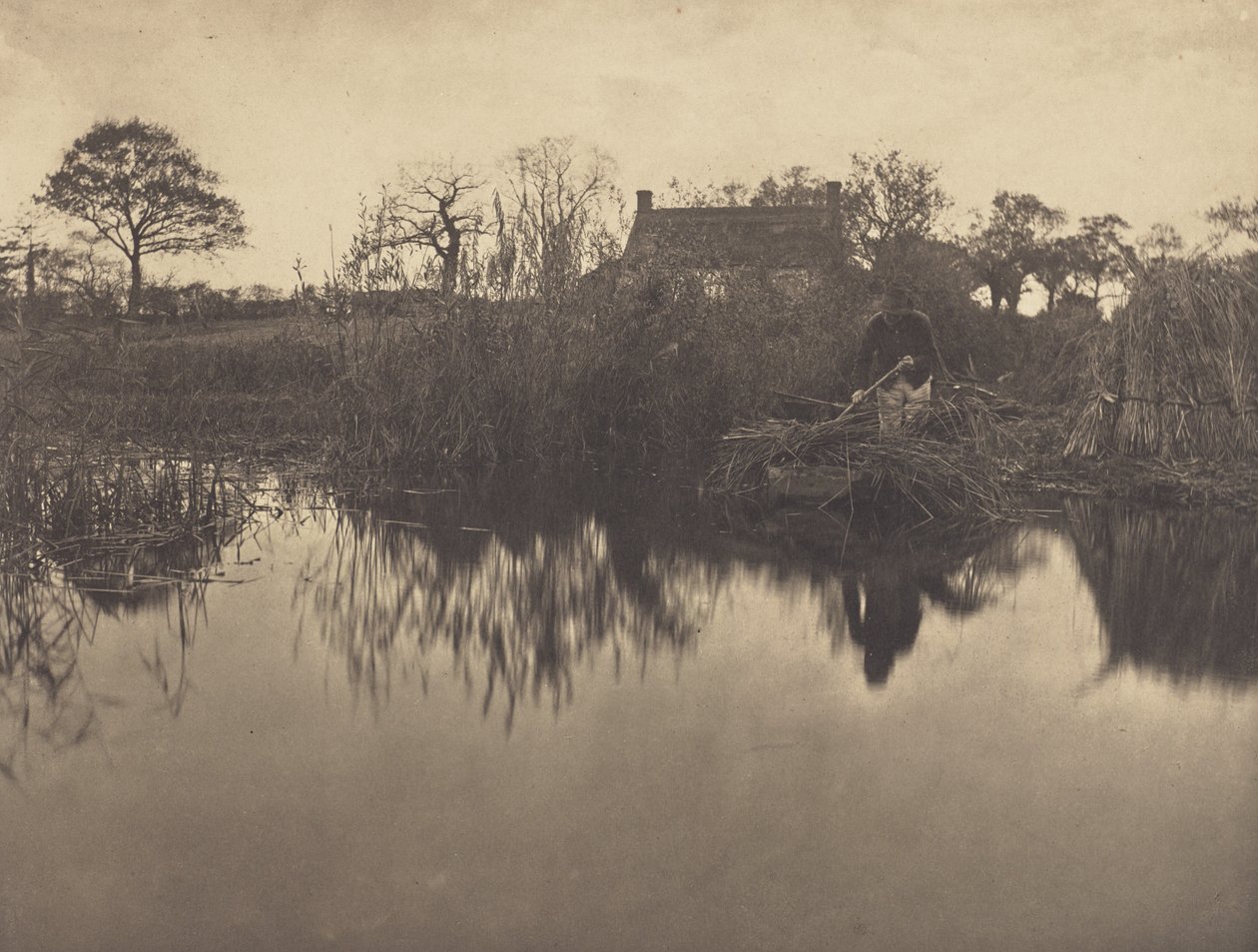 Faire avancer une barque à la perche sur le Gladdon - Peter Henry Emerson