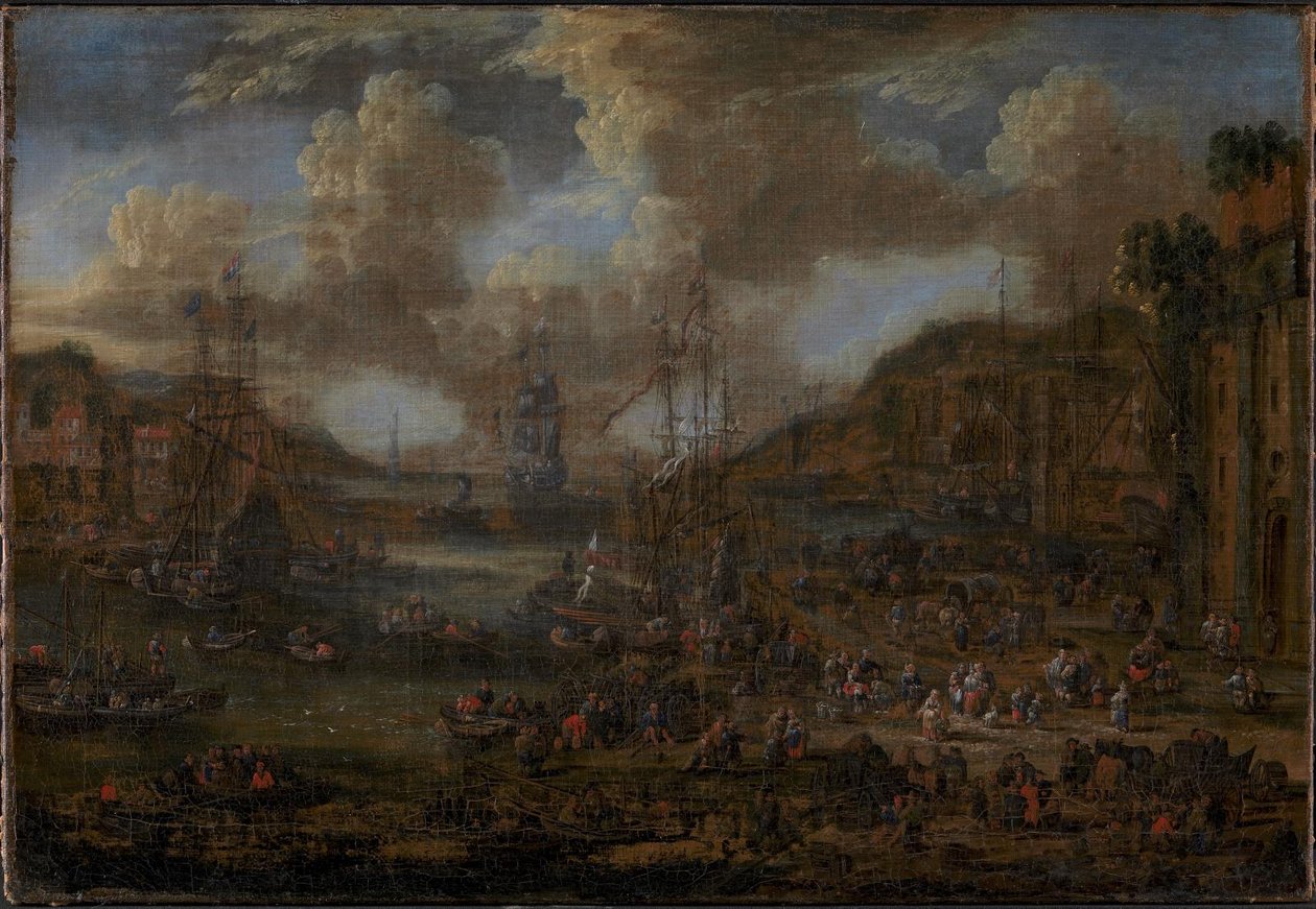 Port méridional avec de nombreuses figures sur le rivage - Peter II Casteels