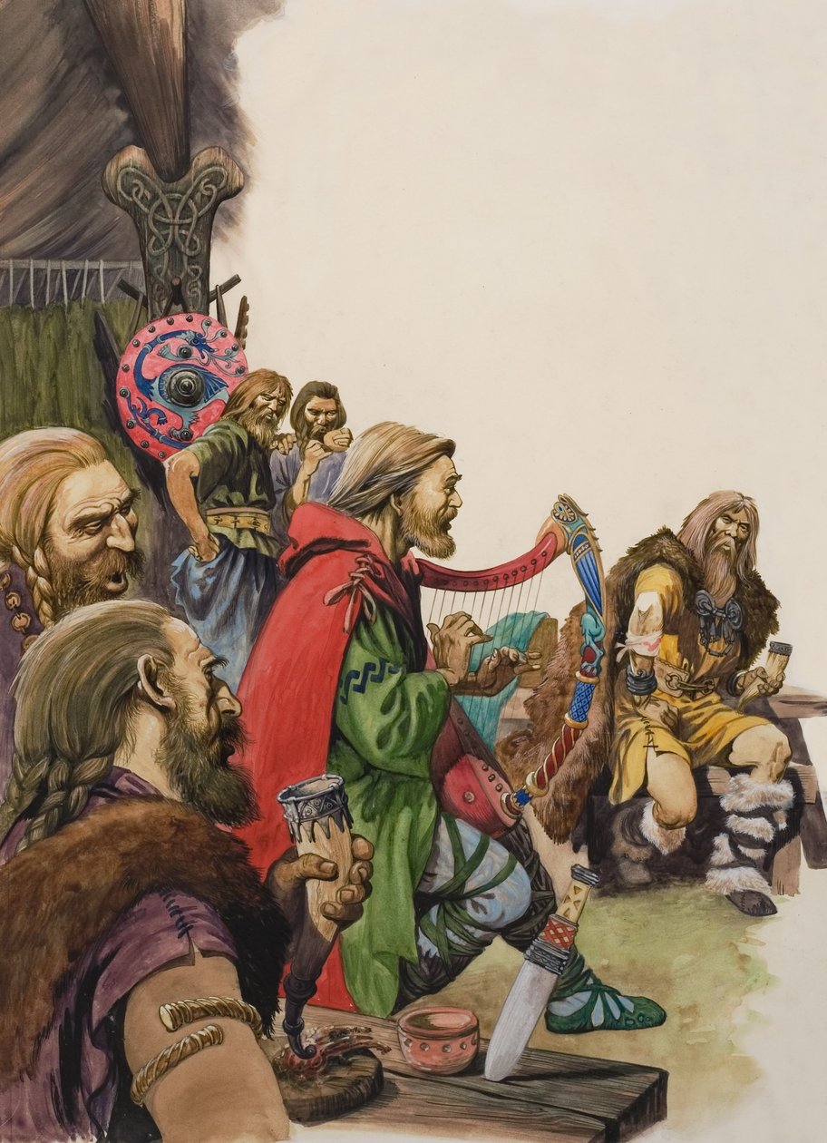 Alfred (849-899) déguisé en ménestrel dans le camp du roi Guthrum (gouache sur papier) - Peter Jackson